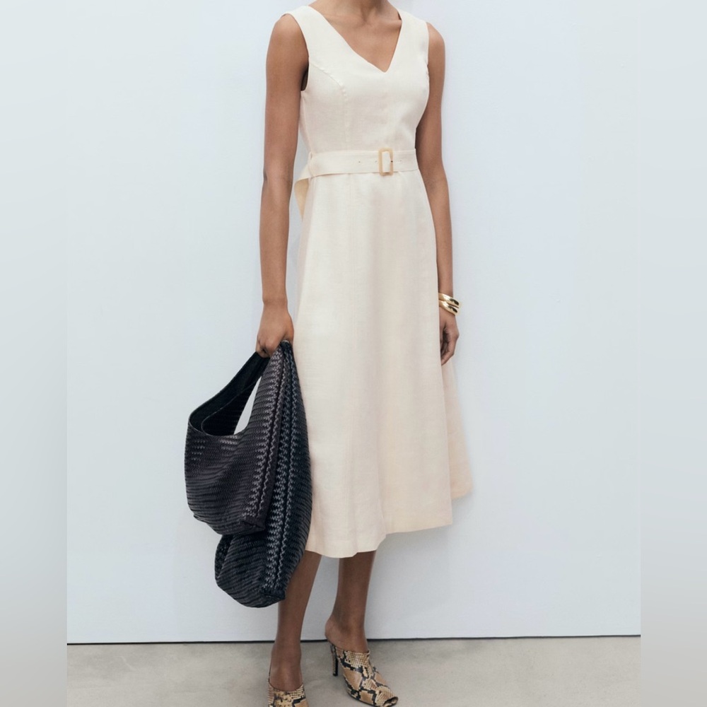 Mango Cream Belted Midi Dress